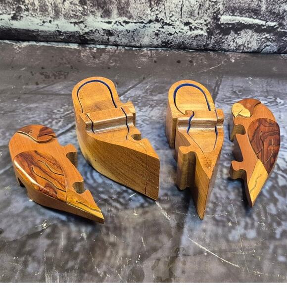 Vintage Carved Wooden Puzzle Box Two Parrots Jewelry Stash Box - Picture 6 of 9